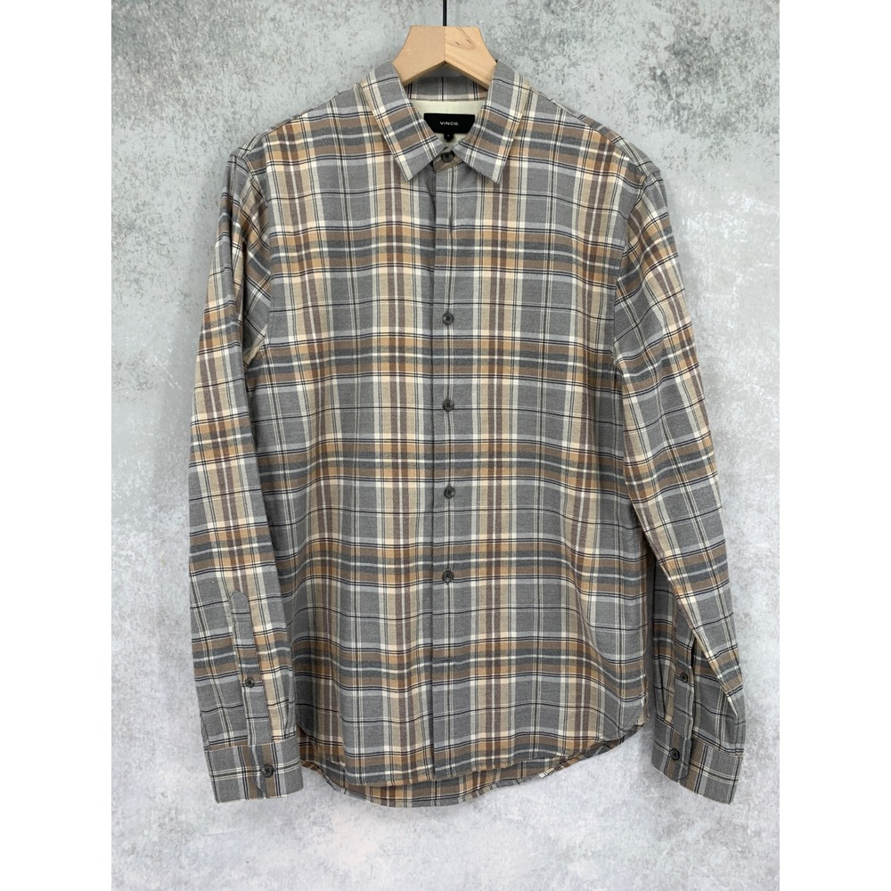 Vince Flannel Shirt Mens Small Gray Tan Plaid Classic Fit Cotton Long Sleeve